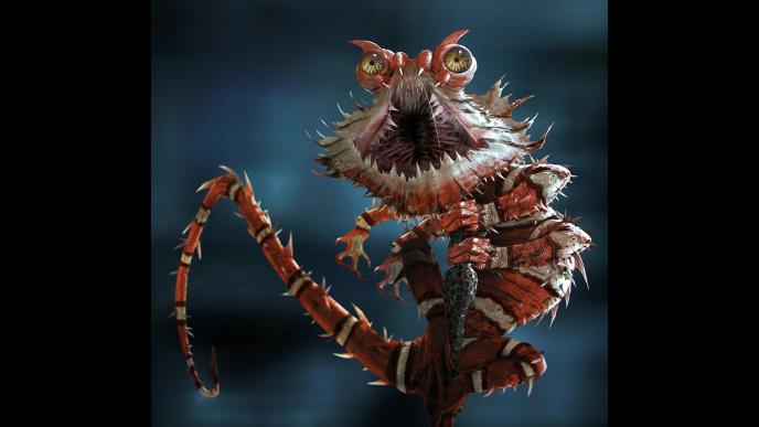 chupacabra part lizard beast that has a spiky body resembling a lizard and a face of a crab with a mouth full of sharp teeth