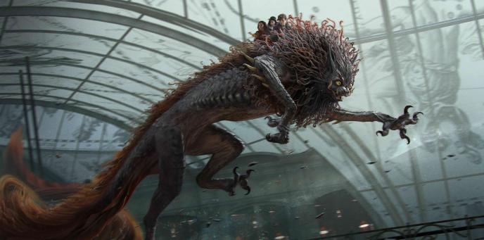 three characters sitting on the neck of a zouwu creature as it leaps forward