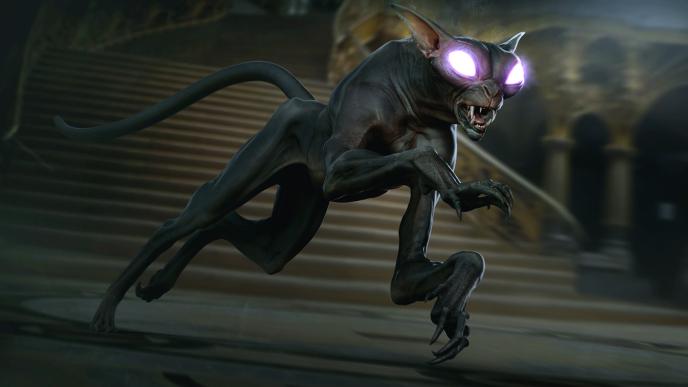 matagot creature leaping with its eyes illuminated with a purple hue