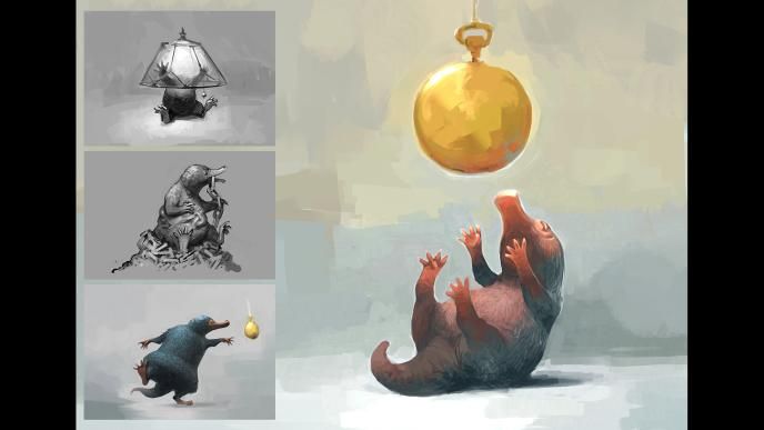 concept art and sketch process of the baby niffler