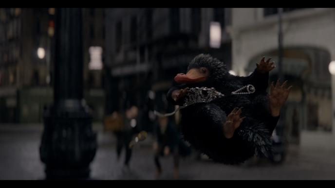 front view of the niffler creature from fantastic beasts and where to find them soaring in air while holding a tiara with its hand