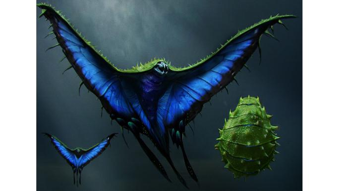 concept art of a swooping evil butterfly-like creature with its wings wide open. it has bright blue wings and an animal skull for a head. there is a smaller version in the bottom left corner and a sketch of its cocoon form in the bottom right corner.