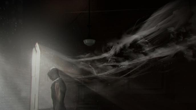 concept art side view of credence barebone standing in front of a church window as an obscurus eerily creeps up behind him