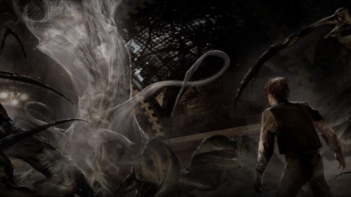 concept art of newt scamander watching as an obscurus engulfs credence barebone