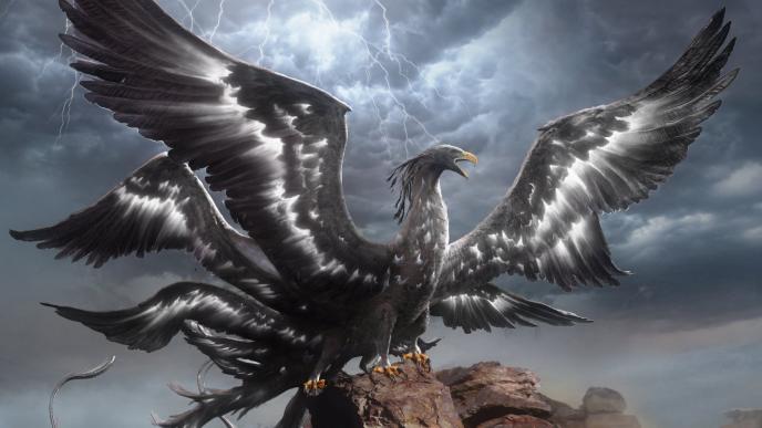 a thunderbird creature standing tall on a rock. it has three pairs of illuminous wings. there is are storm clouds in the background
