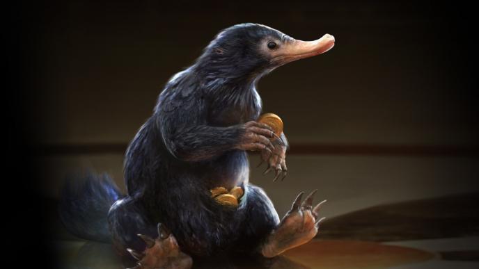 concept art of the niffler sitting down while holding a coin between its claws. its pouch is full of coins