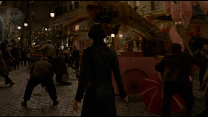back shot of porpentina goldstein holding a wand looking at a zouwu 
