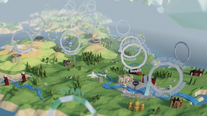 game view of british airways flight game. back view of a plane flying across the british isles