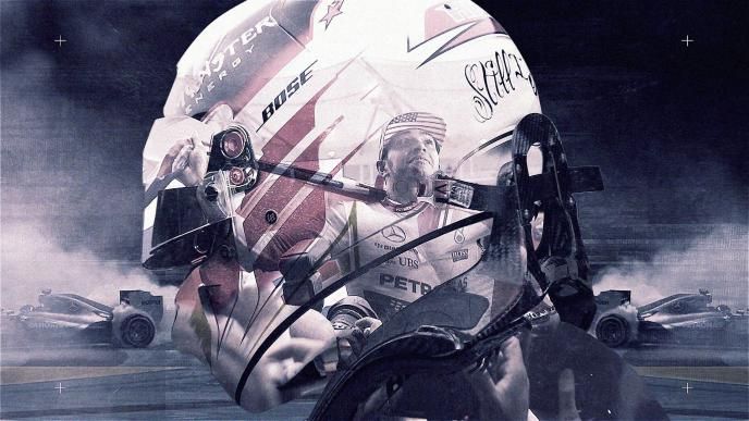 an enmeshed graphic image of formula 1 race car driver with a helmet and race cars in the background
