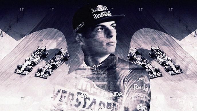 a graphic formula 1 race car driver in the centre of the image. there are two race cars on each side of the racer