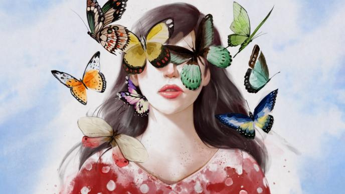close up sketch of a woman's face that is covered in colourful butterflies that surround her face