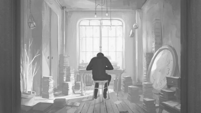 back view of hue sitting at a desk in a room that is full of piles of books