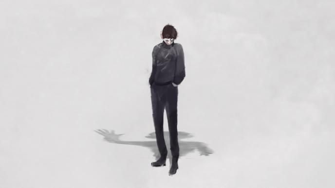 hue character looking to the ground with his hands in his pockets