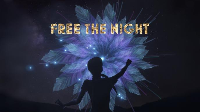 free the night text above a person standing in front of a flower formation in the night sky