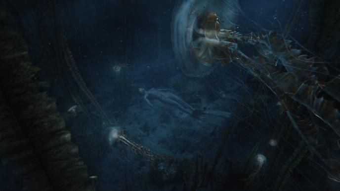 major mira killian floating underwater amongst large jellyfish