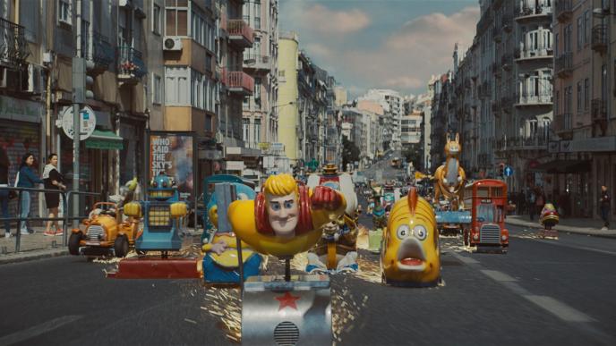 front view of cg animated classic rides in the middle of a road charging ahead