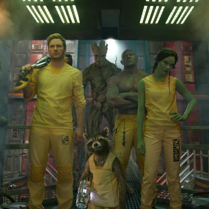 guardians of the falaxy characters star-lord, racoon, gamora, drax and groot standing together 