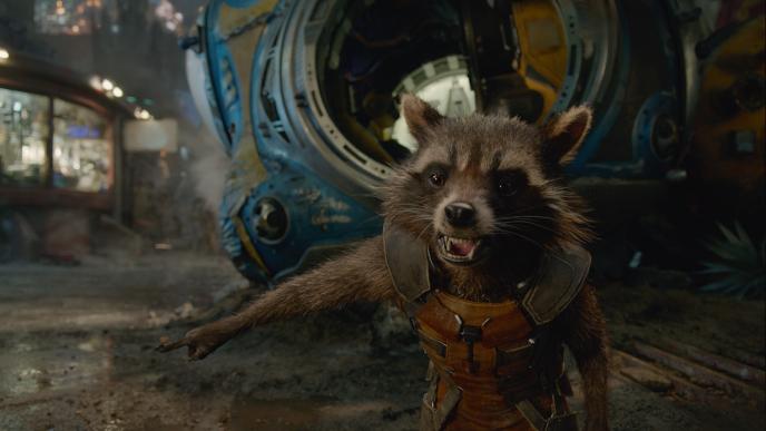 rocket racoon pointing to his right talking angrily