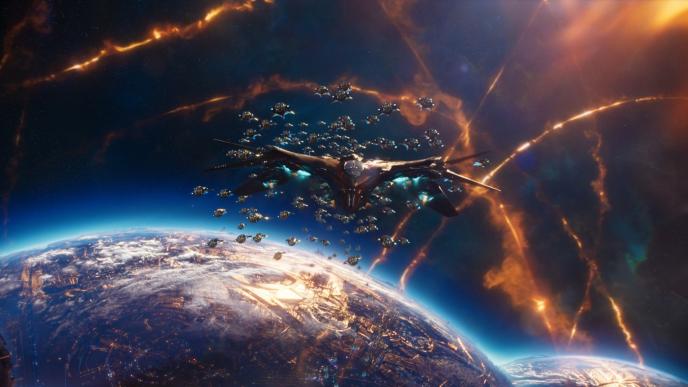 a large spacecraft chased by tens of smaller spacecrafts in space as quantum asteroids fall from above. planet sovereign is peaking in the background