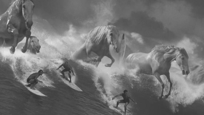 black and white image of surfers on a wave as giant horses come out of the sea