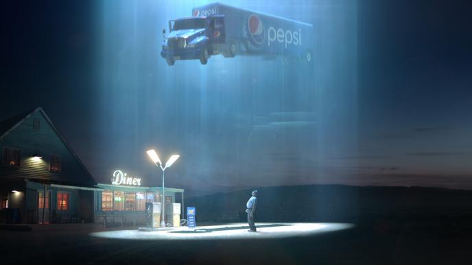 a truck driver looking up at a pepsi branded truck ascending into a bright light near an american diner