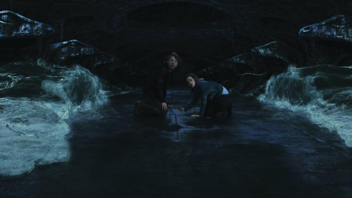 ron weasley and hermione granger crouching down and looking up as water surrounds them in the chamber of secrets