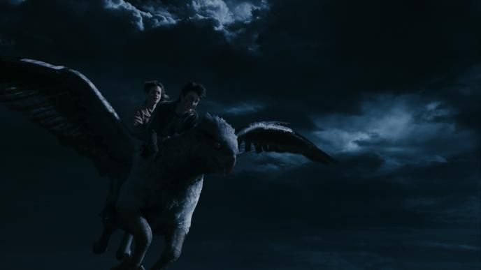 hermoine granger and harry potter flying on buckbeak the hippogriff