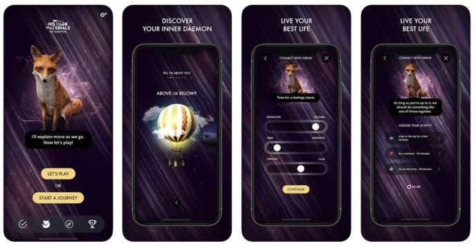 four tiles showcasing the his dark materials app