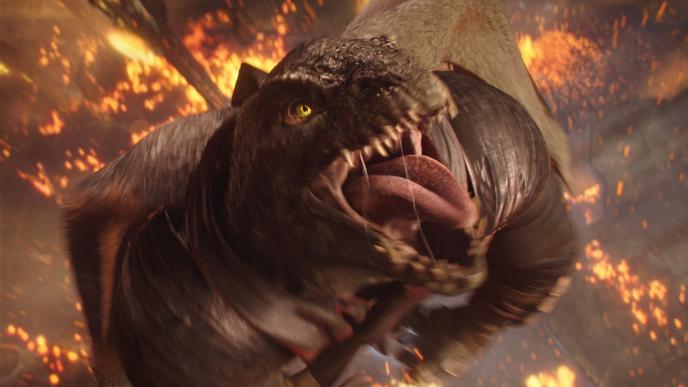 a close up of a reptile monster looking up while roaring as the background is aflame