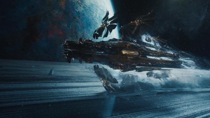 an alien spaceship emerging from a planet's dust rings