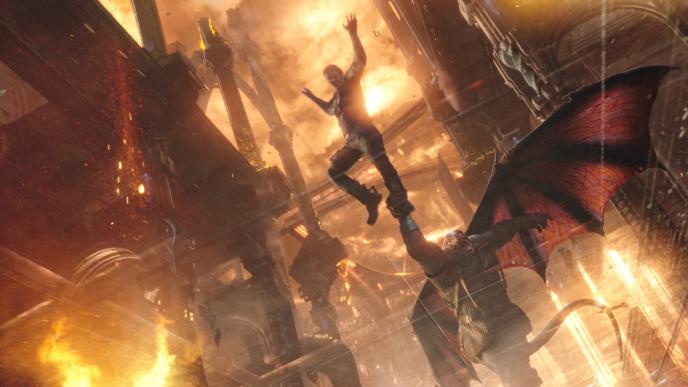 a person falling from the sky as a reptilian humanoid with wings clings onto his foot as the cityscape behind them crashes and burns
