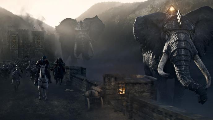 giant elephants with rune markings on their trunks walking next to a medieval bridge as soldiers on horses and foot are coming towards the camera angle
