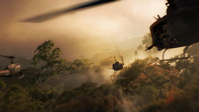 concept art of three helicopters flying above a forest