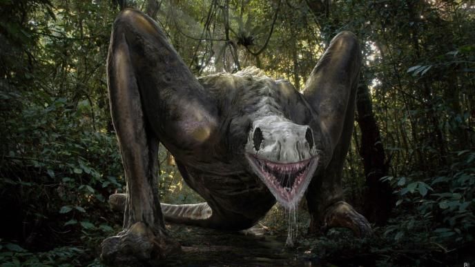 concept art of the skull crawler in a forest. it is a large reptilian creature with two long forelimbs and no hindlimbs as well as a long serpentine tail. it has a skull head full of razor sharp teeth