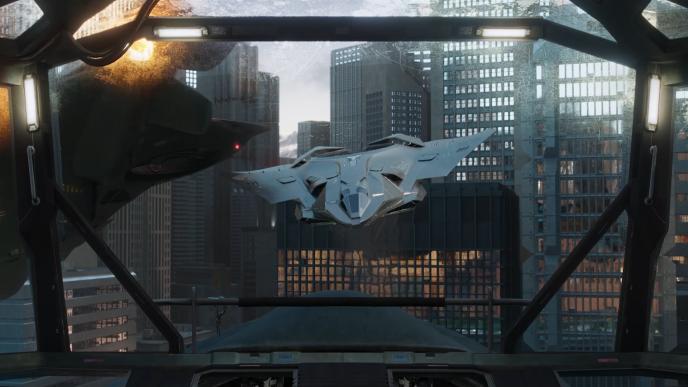 a jet plane hovering amongst the city of panem through the view of a plane cockpit
