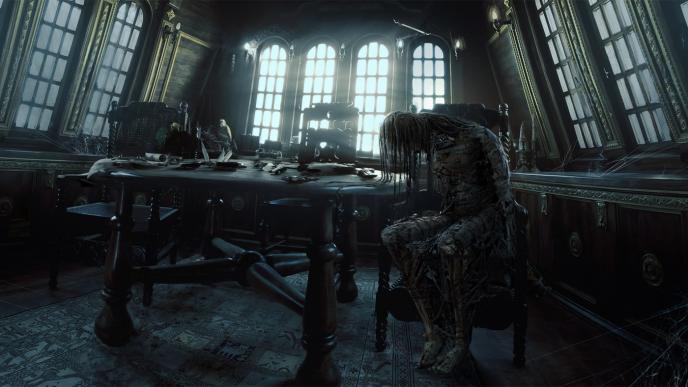 a skeleton sitting on a chair in a captain's room on a boat from 'lovecraft country'