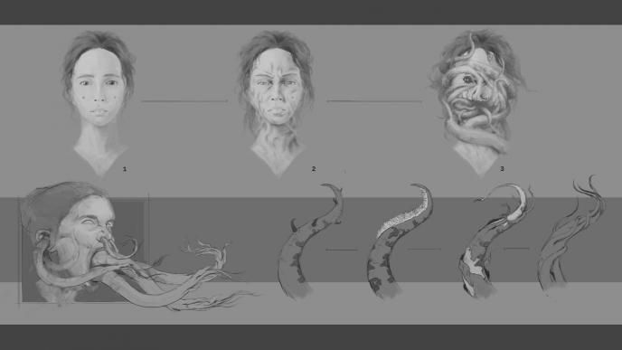 art sketch process of a woman's face transforming into a tentacle monster with tentacles coming out of her nose, ears and mouth