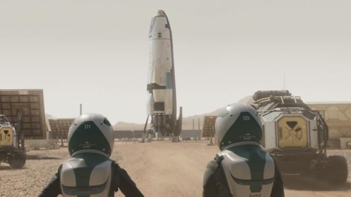 back view of two astronauts walking towards a space shuttle as rovers and solar panels surround them