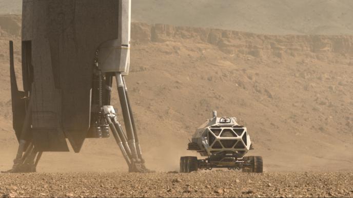 a planet rover next to a space shuttle on planet mars