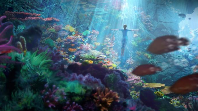 concept art of mary poppins swimming underwater towards the surface amongst vibrant coral reef