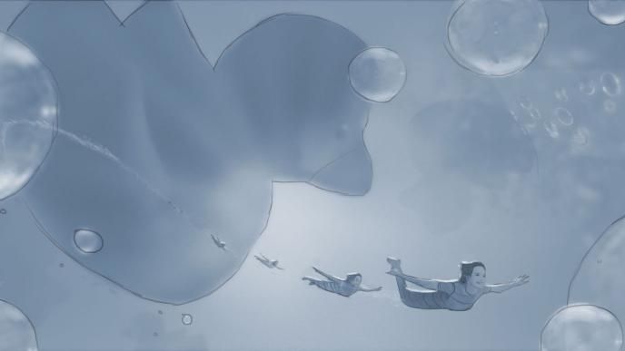 sketch of mary poppins and the banks children swimming underwater as giant bubbles and giant rubber ducks are in the background