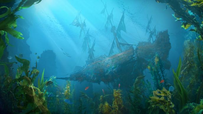 concept art of an underwater shipwreck with kelp and fish surrounding the area