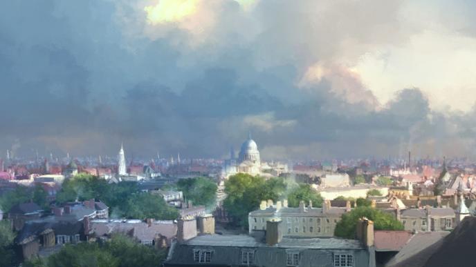 concept art of st paul's cathedral amongst london city
