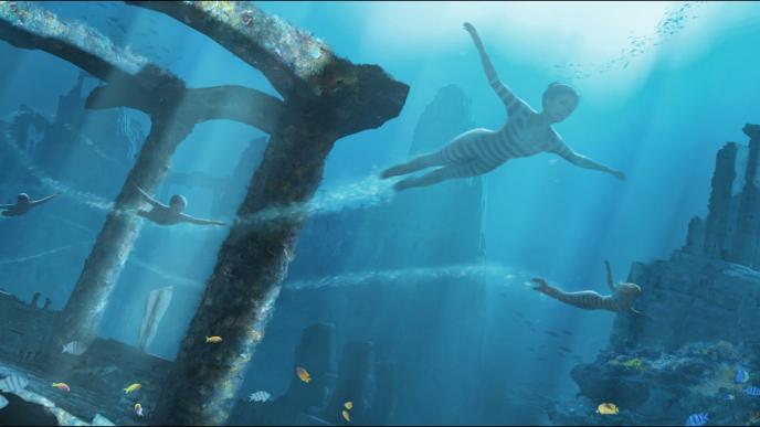 concept art of mary poppins and the banks children swimming underwater through sunken pillars