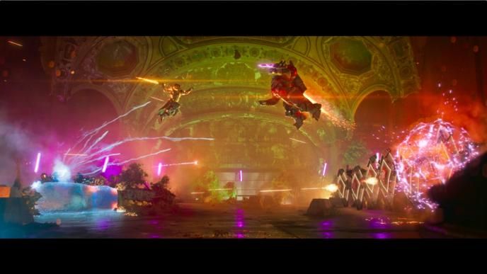 cg animated fight scene. two characters mid air charging towards each other