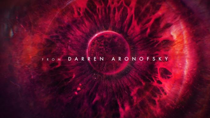 a red gaseous nebula in the space of an iris with the text 'from darren aronofsky' in the centre
