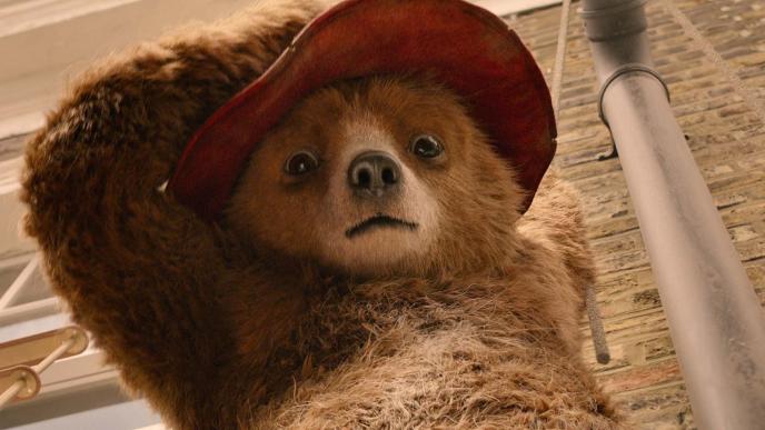 close up of paddington bear holding onto his red hat and a rope hanging from a wall