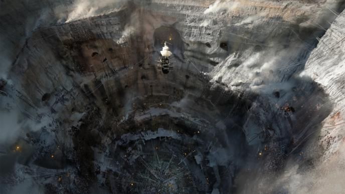 aerial view of captain hook's ship the jolly roger inside of a cavern like area full of people