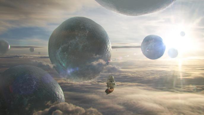 back view of captain hook's ship the jolly roger floating above clouds amongst giant bubbles of water
