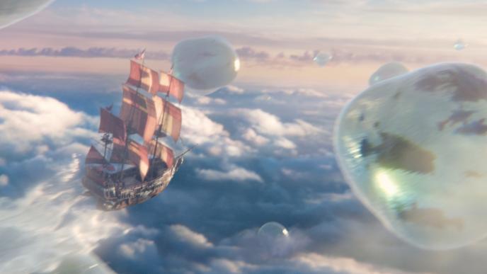 side view of captain hook's sail ship the ranger floating through air across cloudscapes between large vibrant bubbles